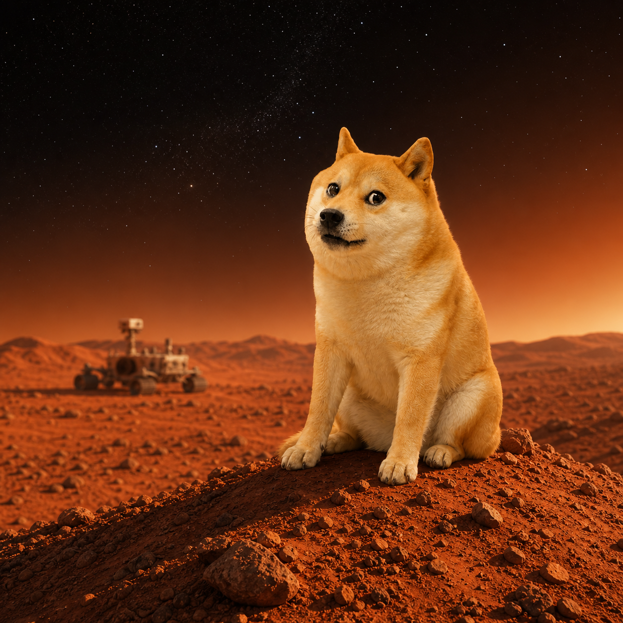 Doge surveying the Martian surface near a rover